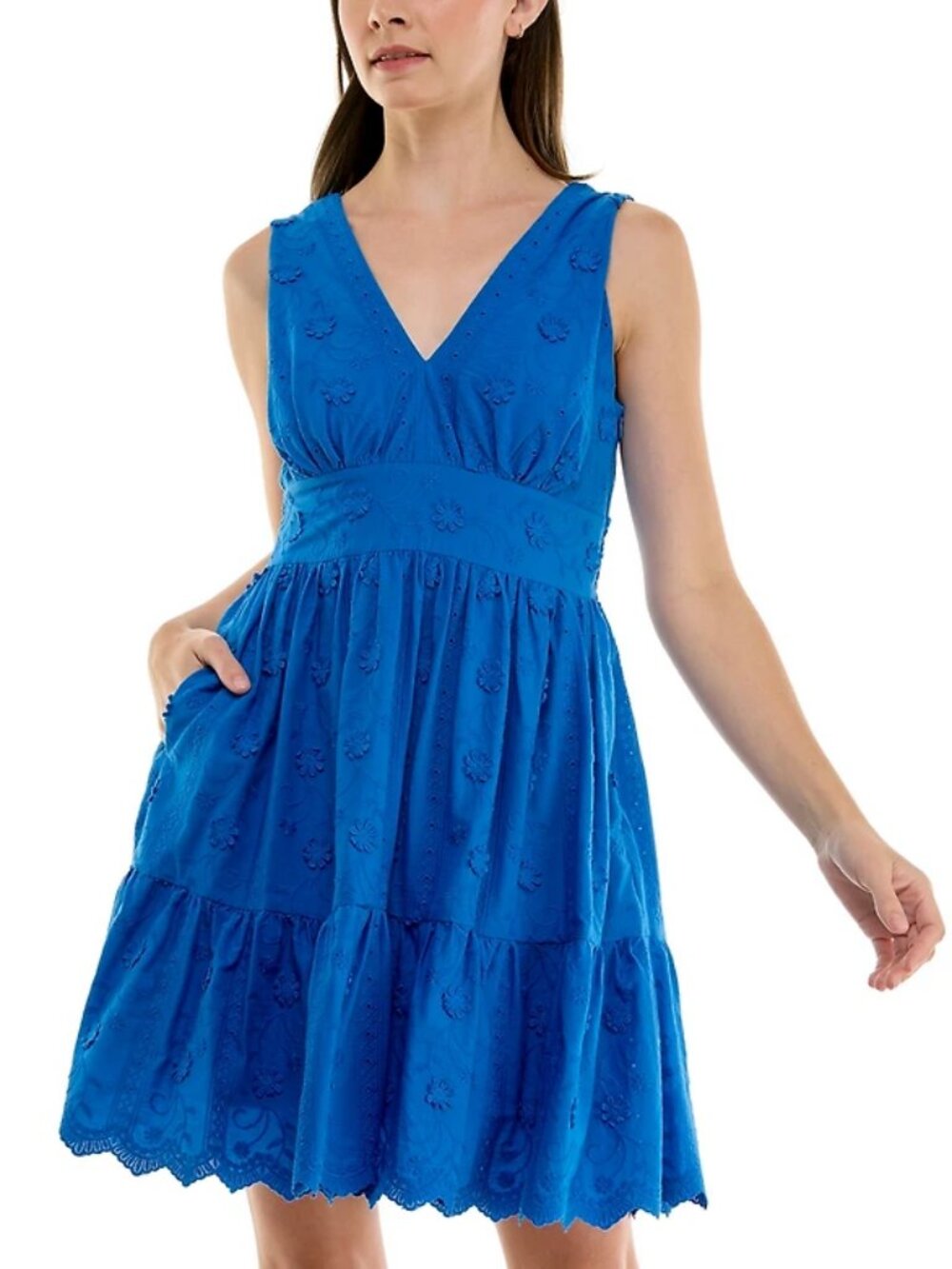 Taylor Blue Eyelet Mini Dress Size 12 Embroidered Tiered Fit Flare Cotton V Neck